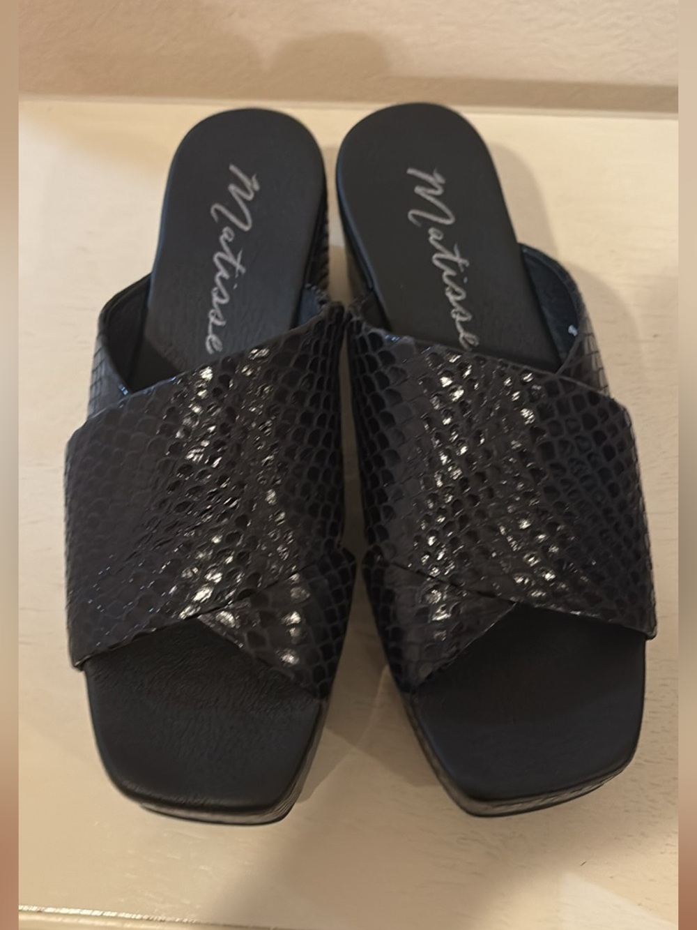 Matisse Black Snake-Embossed Platform Sandals